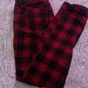 HT Denim Red and Black Plaid Skinny Jeans